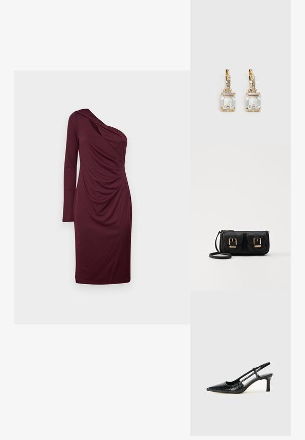 Burgunderfarget kjole med én skulder, lang erm, drapert detaljering foran og glatt, elastisk stoff. Midt på låret lengde.; Sorte patent slingback hæl med spids tå, featuring tekstureret slangeskind, justerbar rem og en kort, tekstureret blokhæl.; Svart skinn crossbody veske med to frontlommer, gyldne spenner, glidelåslukking og en slank stropp. Teksturert overflate og kompakt rektangulær form.; Gullfargede øreringer med en rektangulær, klar krystall som henger under en rad av små, runde klare akenter. Elegante, moderne design.