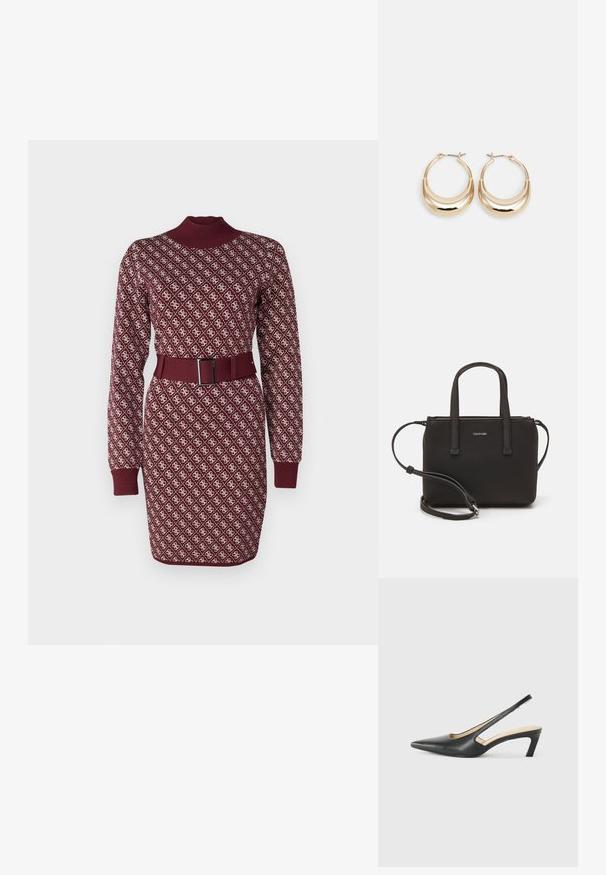 Bordo adīta kleita ar augstu apkakli, garām piedurknēm un atbilstošu jostu. Visā kleitā ir krēms krāsas ģeometriskais raksts.; Melna, ar smailu purngalu, slingback kurpe ar zemu papēdi, izgatavota no gludas ādas materiāla un ar izgriezumiem sānos gaisa caurlaidībai.; Melns roku soma ar divām īsām rokturiem un noņemamu plecu siksnu. Gluda ādas līdzīga materiāla ar rāvējslēdzēja aizdari un logos detaļu.; Zelta tonis apļveida auskari ar pusmēness formu, pulētu virsmu un lūka aizdari. Gluda tekstūra un spīdīga apdare uzlabo redzamību.