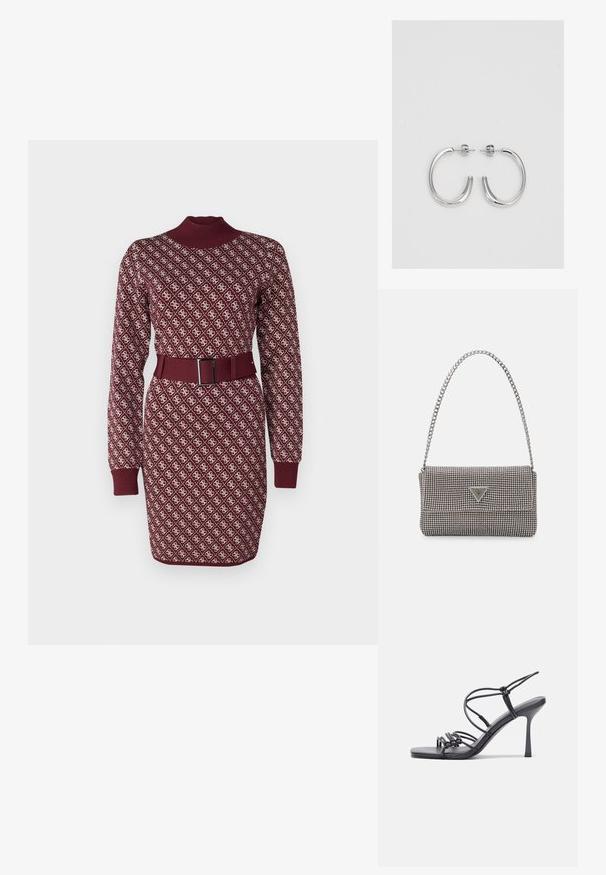Bordo megztas suknelė su aukštu apykakle, ilgomis rankovėmis ir derančia diržu. Visą suknelę puošia kreminė geometrinė forma.; Juodos aukštakulnės sandalai pasižymi plonyčiais dirželiais su mazgo dizainu, lygiu kvadratiniu pirštu ir elegantišku stiletto kulnu.; Šviesiai pilka metalinė rankinė su grandinėlės dirželiu, papuošta mažais apvaliais metaliniais smeigėmis ir trikampiu prekės ženklu.; Sidabrinės auskarai žiedai su lygiu, blizgiu paviršiumi. Suapvalinta forma, lengvas dizainas, su uždarymu ant smeigtuko.