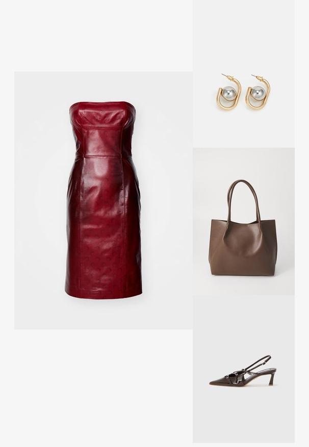 Červené kožené šaty bez ramienok s priliehavým strihom, hladkou textúrou a jemnými vzorovanými akcentmi. Po kolená s rovnou lemovaním.; Hnedé lakované kožené lodičky na podpätku s špicatou špičkou, nastaviteľné popruhy a dekoratívne spony na prednej strane. Výška podpätku 3 palce.; Hnedá kožená taška s dvoma dlhými uchami, štruktúrovaný tvar, hladká textura a minimalistický dizajn. Bez viditeľného hardvéru alebo akcentov.; Náušnice zlatého odtieňa s zakriveným, kruhovým dizajnom, ktorý obsahuje výrazný strieborný guľový akcent. Lesklý kovový povrch, uzatvorenie na kolík.