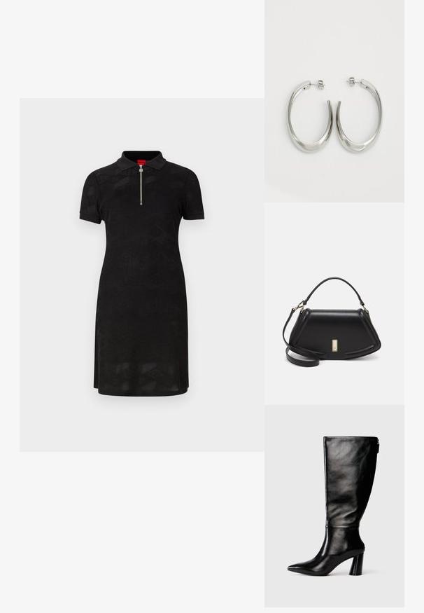 Svart polo klänning med korta ärmar, en dragkedjekrage, och ett texturerat geometriskt mönster genom hela plagget, tillverkat av ett slätt tyg.; Knä-höga svarta läderstövlar med spetsig tå, slät yta och kraftig klack. Har en dragkedjedetalj på baksidan.; Svart läderhandväska med en strukturerad design, som har en avskuren form, ett handtag upptill och guldiga detaljer. Justerbar axelrem ingår.; Silverfärgade hoopsörhängen med en slät, böjd design. Har en glänsande metallisk yta och ett stiftlås. Inga synliga mönster eller detaljer.