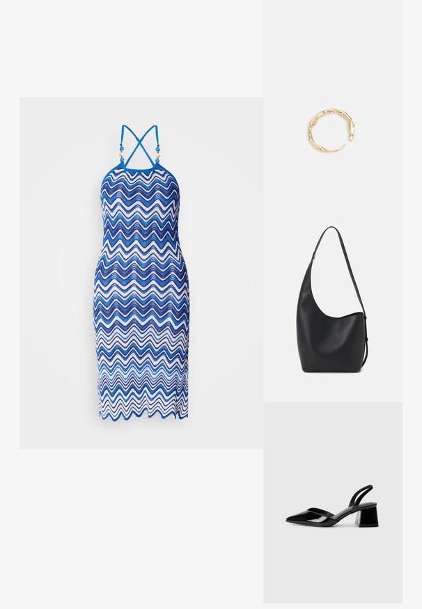Pletena haljina s uzorkom zigzaga u različitim nijansama plave i bijele, s halter vratom i preklopljenim trakama na leđima.; Crne lakirane kožne sandale s otvorenom petom i špicastim vrhom, s geometrijskom blok petom. Imaju elegantan, minimalistički dizajn i glatku teksturu.; Crna kožna hobo torba s glatkom teksturom, zakrivljenim oblikom i jednom podesivom trakicom; ima širok otvor na vrhu.; Prsten u zlatnoj nijansi s organskim, uvijenim dizajnom, glatkom teksturom i suženim krajevima, koji stvara moderan, skulpturalni izgled.