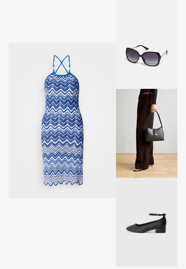 Rochie tricotată cu un model în zigzag în nuanțe variate de albastru și alb, cu guler halter și bretele încrucișate la spate.; Pantof cu toc negru din piele, cu vârf ascuțit și toc mic pătrat. Dispune de o curea la gleznă cu o cataramă în tonuri de aur. Textură netedă.; Ochelari de soare negri, supradimensionați, cu lentile degradate, rame groase și detalii cu lanț de ton auriu pe brațele templului.; Genți negre cu o formă structurată, textură netedă și un închizător metalic. Asortată cu pantaloni negri largi și sandale cu vârf deschis pe un podea din lemn.