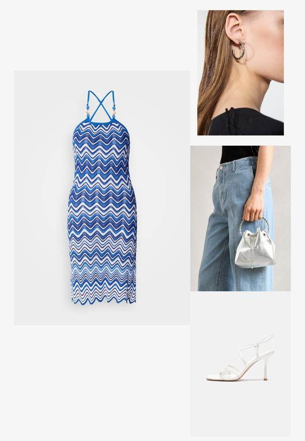 Adīts kleita ar zigzaga rakstu dažādos zilo un balto toņos, ar haltera kaklu un krustotiem rāvējslēdzējiem aizmugurē.; Baltas striķu augstpapēžu sandales ar plakanu pirkstu daļu, teksturētu priekšpusi ar saveltiem akcentiem un šauru potītes siksniņu.; Metāliskā sudraba somiņa ar teksturētu apdari, rotāta ar sudraba apaļu rokturi un aukliņu aizdari, turēta pretī gaišziliem džinsiem.; Sudraba auskars ar pulētu apdari, ar maziem zelta akcentiem un apaļu formu, uz ausu ļipiņas.