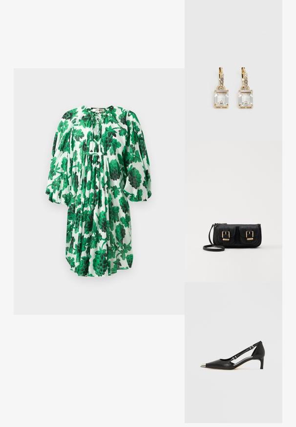 Zöld virágmintás ruha puffos ujjakkal, összegyűrt nyakkivágással és texturált anyaggal, amely sötét és világoszöld levelekkel van díszítve egy fehér alapon.; Fekete bőrből készült kismagassarkú, hegyes ezüst orrkupakkal és dupla csatos pántokkal, fehér háttéren.; Fekete bőr keresztbody táska két elülső zsebbel, arany csattokkal, cipzáras záródással és vékony pánttal. Textúrált felület és kompakt téglalap alak.; Aranyszínű fülbevalók, melyek egy téglalap alakú, tiszta kristállyal díszítették, ami egy sor kis, kerek, tiszta kiegészítő alatt lóg. Letisztult, modern dizájn.