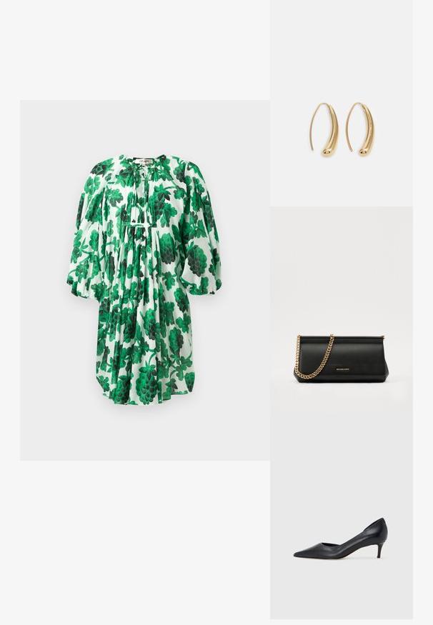 Zaļš ziedu kleitas ar puff piedurknēm, ar savāktu kakla izgriezumu un teksturētu audumu, rotāta ar tumši un gaiši zaļām lapām uz baltas fona.; Melna ādas kurpe ar smailu purngalu un zemu papēdi. Raksturota ar gludu tekstūru un smalku spīdumu. Priekša ar atvērtu izgriezumu papildu detaļai.; Melns ādas apliecības soma ar zelta ķēdes siksnu, ar gludu tekstūru, taisnstūra formu un izspiestu zīmolu uz priekšpuses.; Zelta toņu metāla gredzena auskari ar izliektu, pagarinātu formu. Ar gludu, spīdīgu virsma un noapaļotu galu papildu detaļām.