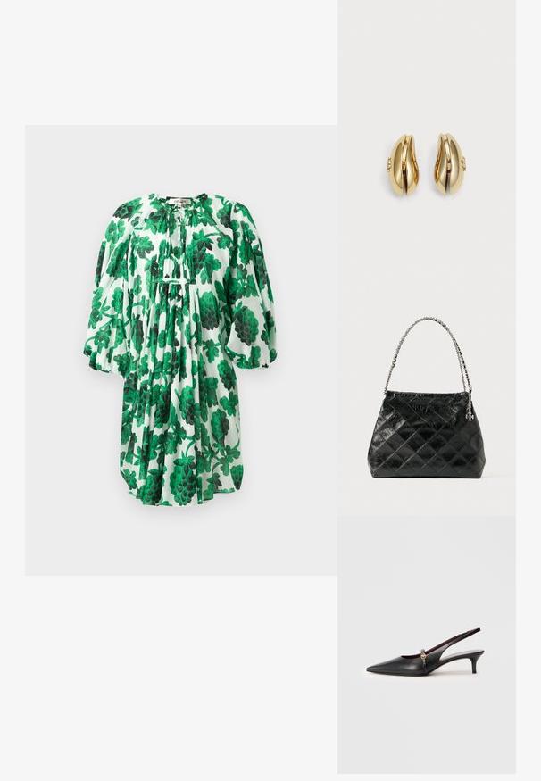 Zöld virágmintás ruha puffos ujjakkal, összegyűrt nyakkivágással és texturált anyaggal, amely sötét és világoszöld levelekkel van díszítve egy fehér alapon.; Fekete bőr női sarokszandál, hegyes orral, vékony tűsarkúval és arany színű díszítéssel a bokapántnál. Simító felület és letisztult forma.; Fekete, steppelt bőr kézitáska ezüst láncos fogantyúval, strukturált kialakítással és sima textúrával.; Aranyszínű fülbevalók, amelyek áramló, ívelt formájúak. Minden fülbevaló sima felülettel és egy kis kapoccsal rendelkezik, amely dekoratív részletet tartalmaz.