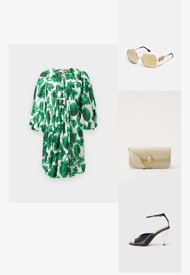 Rochie florală verde cu mâneci bufante, având un decolteu strâns și un material texturat, decorată cu frunze verzi întunecate și deschise pe un fundal alb.; Sandal cu toc înalt din piele neagră, cu vârf deschis, design asimetric, curea pentru gleznă și toc metalic în formă de con. Textură netedă pe toată suprafața.; Versace MEDUSA BIGGIE - Ochelari de soare - gold-coloured/gold-coloured; Geantă de mână din piele bej, cu o textură netedă, formă rectangulară și un închizător oval auriu. Dispune de o curea lungă, ajustabilă.