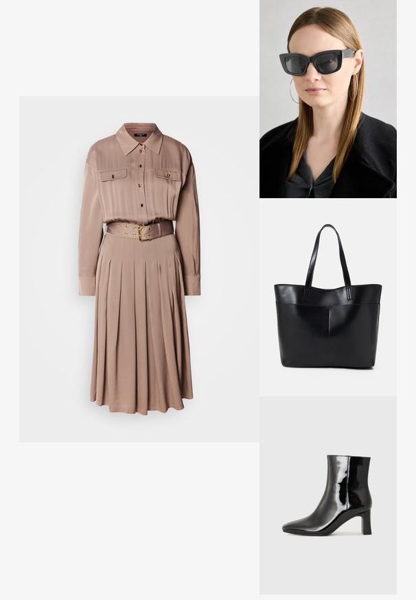 Langermet skjortekjole i myk beige stoff, med to brystlommer, knappestolpe, plissert skjørt og et matchende belte med gullfarge.; Sorte patentlær ankle boot med spiss tå og en mellomhøy blokkhelt. Glatt tekstur og minimalistisk design.; Sorte katteøyne solbriller med mørke linser, tykke rammer og subtile detaljer. Båret med en svart frakk og grå topp, med langt, rett hår.; Svart lær toteveske med to lange håndtak, en glatt tekstur og en strukturert form. Har en frontlomme for ekstra oppbevaring.
