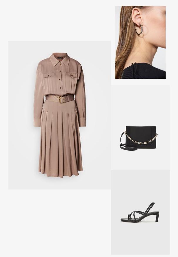 Rochie cămașă cu mâneci lungi dintr-un material bej moale, având două buzunare la piept, închidere cu butoane, fustă plisată și un cordon asortat cu elemente din aur.; Sandal cu barete negre, cu vârf pătrat și toc mic de bloc. Prezintă mai multe barete subțiri și o bareta ajustabilă la gleznă. Fabricat din piele netedă.; Geantă de umăr din piele neagră, cu o textură netedă, formă rectangulară și un detaliu din lanț metalic în față. Include curea reglabilă.; Cercel din argint cu un finisaj polișat, având detalii mici din aur și o formă rotundă, purtat pe lobul urechii.