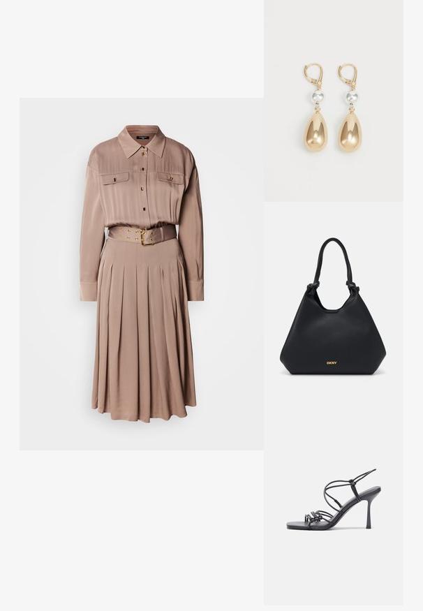 Hosszú ujjú ingruha puha bézs anyagból, két mellzsebbel, gombos elülső résszel, pliszírozott szoknyával és arany kiegészítőkkel rendelkező, összepántos övvel.; Fekete magas sarkú szandálok vékony pántokkal, csomózott mintával, sima négyzetes orral és karcsú stiletto sarkal rendelkeznek.; Fekete bőr tote táska texturált felülettel, kötött fogantyúkkal és arany logó részlettel az alján. Tágas sziluettel rendelkezik.; Aranyszínű lógós fülbevalók csepp alakban, fényes fémtömörítéssel és ezüstszínű gyöngy díszítéssel.