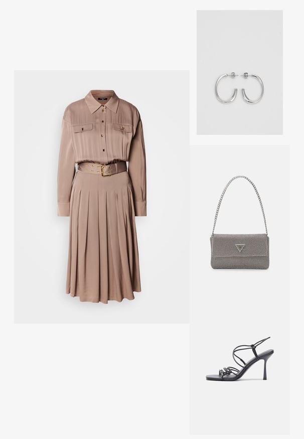 Ilgi piedurkņu krekliņš kleita no mīksta bēša auduma, ar divām krūšu kabatām, pogu priekšpusi, plisētu svārku un atbilstošu jostu ar zeltītiem aksesuāriem.; Melnas augstpapēžu sandales ar plāniem siksniņām un mezgla dizainu, gluda kvadrātveida purngalu un elegantu stiletto papēdi.; Gaiši pelēka metāla rokassoma ar ķēdes siksnu, rotāta ar mazām apaļām metāla kniedēm un trīsstūra zīmola logo.; Sudraba riņķveida auskari ar gludu, spīdīgu apdari. Apaļas formas, viegla dizaina, ar aizdari uz stieples.