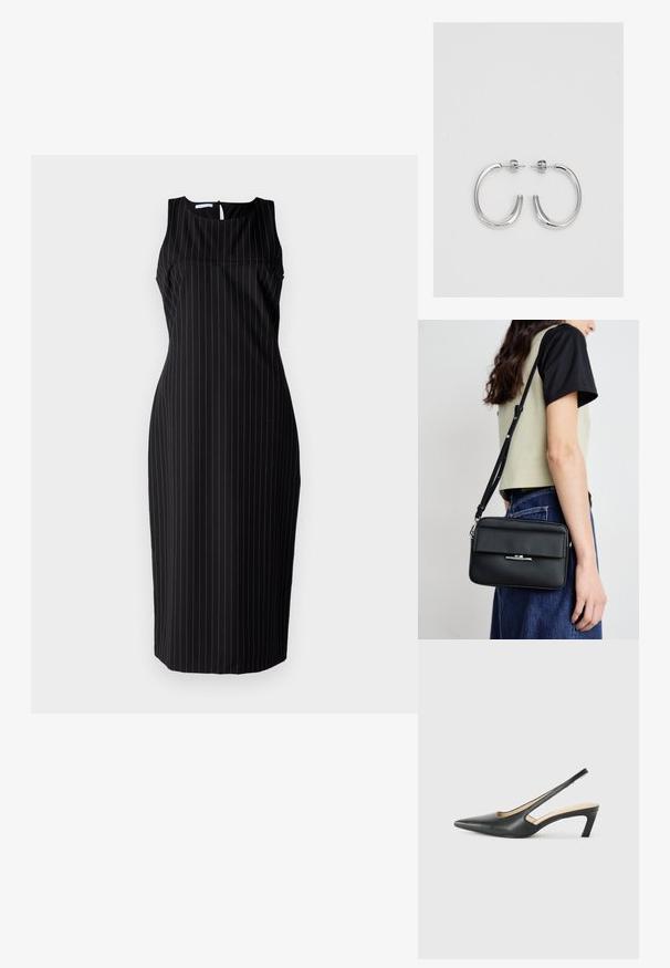 Svart ärmlös klänning med vertikala vita ränder, figursydd silhuett, knä-lång, rund halsringning och nyckelhålsspärr i ryggen.; Svart spetsig slingback-sko med låg klack, som har ett slätt lädermaterial och utskärningsdesign på sidan för andningsförmåga.; Calvin Klein LINEAR CAMERA BAG - Axelremsväska - black; Silverfärgade hängande örhängen med en slät, blänkande yta. Rundad form, lätt design, med ett stift- och bakstängning.