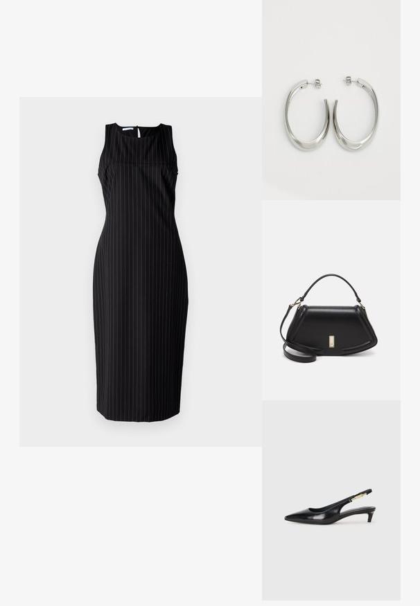 Schwarzes ärmelloses Kleid mit vertikalen weißen Nadelstreifen, figurbetontem Schnitt, knielang, runder Ausschnitt und Schlüsselloch-Verschluss im Rücken.; Schwarze Leder-Slingback-Pumps mit spitzem Schuhblatt, ausgestattet mit einem schlanken Absatz und einem goldfarbigen Akzent am verstellbaren Riemen. Glatte Textur.; Schwarze Lederhandtasche mit einem strukturierten Design, das eine verkürzte Form, einen oberen Griff und goldfarbene Hardware-Details aufweist. Verstellbarer Schulterriemen ist enthalten.; Silberne Creolen mit einem glatten, geschwungenen Design. Mit einem glänzenden metallischen Finish und Steckverschluss. Keine sichtbaren Muster oder Akzente.