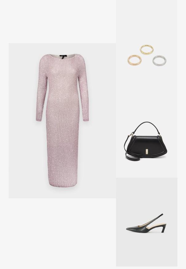 Pikad varrukad, põrandani ulatuv kleit heleses roosas, tekstureeritud kootud kangas, millel on lahtine kudumine ja peen sära, laia laevanina kaeluse detailiga.; Must mustaga, terav varvas, madala kontsaga sildiga king, mis on valmistatud siledast nahast ja mille küljel on lõike disain hingavuse tagamiseks.; Must mustrist käekott, millel on struktureeritud disain, lühendatud kuju, ülemine käepide ja kuldne metallist detail. Reguleeritav õlalihm on kaasas.; Kolme metallist rõngast: üks roosa kuld, üks kuld tekstuursete aktsentidega ja üks hõbe, kõik sisepoolt graveeritud brändinguga.