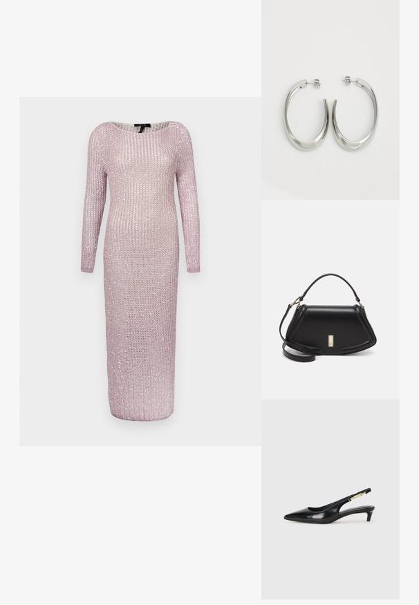 Langärmliges, bodenlanges Kleid aus hellem Pink, strukturiertem Strick mit lockerem Gewebe und subtiler Schimmerung, mit weitem U-Boot-Ausschnitt.; Schwarze Leder-Slingback-Pumps mit spitzem Schuhblatt, ausgestattet mit einem schlanken Absatz und einem goldfarbigen Akzent am verstellbaren Riemen. Glatte Textur.; Schwarze Lederhandtasche mit einem strukturierten Design, das eine verkürzte Form, einen oberen Griff und goldfarbene Hardware-Details aufweist. Verstellbarer Schulterriemen ist enthalten.; Silberne Creolen mit einem glatten, geschwungenen Design. Mit einem glänzenden metallischen Finish und Steckverschluss. Keine sichtbaren Muster oder Akzente.