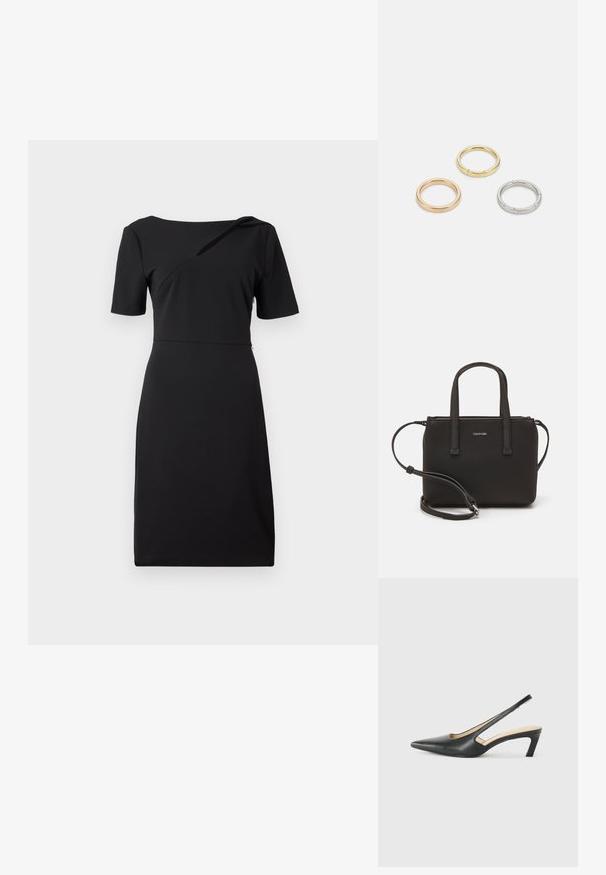 Černé těsně padnoucí šaty s krátkým rukávem, asymetrickým výstřihem a hladkou texturou. Jednoduchý design s délkou po kolena.; Černý špičatý slingback s nízkým podpatkem, vyrobený z hladké kůže, s výřezem na boku pro lepší prodyšnost.; Černá kabelka s dvojitými krátkými uchy a odnímatelným ramenním popruhem. Hladký koženkový materiál s uzávěrem na zip a detailem loga.; Tři kovové prsteny: jeden růžově zlatý, jeden zlatý s texturovanými detaily a jeden stříbrný, všechny s vyrytým brandingem na vnitřním boku.