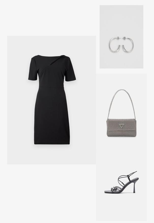 Črna oprijeta obleka s kratkimi rokavi, asimetrični detajl na ovratniku in gladka tekstura. Preprost dizajn z dolžino do kolen.; Črne visoke sandale na peto imajo tanke naramnice z vozlom, gladek kvadratni toe in eleganten stiletto peto.; Svetlo siva kovinska torbica z verižnim ročajem, okrašena z majhnimi okroglimi kovinskimi bleščicami in trikotnim logotipom blagovne znamke.; Srebrne obročaste uhane z gladko, sijočo površino. Zaobljena oblika, lahka zasnova, z zapiranjem na zatič.