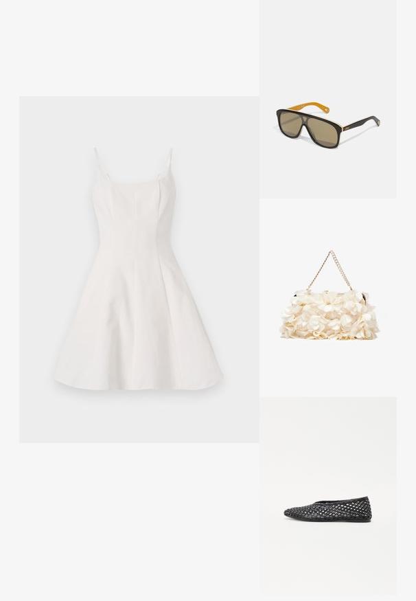 Abito bianco a linea ad A con sottili spalline, caratterizzato da un corpino aderente e una gonna a campana. Realizzato in tessuto liscio con un design pulito e minimalista.; Scarpa nera intrecciata senza lacci con design a reticolo, suola piatta e materiale in gomma liscia, che offre traspirabilità e flessibilità.; Occhiali da sole neri di grandi dimensioni con lenti marroni, caratterizzati da un accento bianco sulla montatura e punte delle stecche gialle in contrasto. Presente il logo del marchio.; Borsa a mano floreale bianca con superficie in tessuto arricciato, tracolla in catena dorata e chiusura in metallo. Presenta petali testurizzati per un tocco di dettaglio in più.