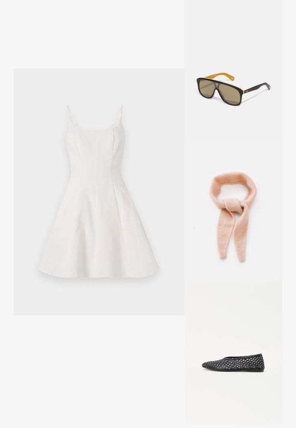 Abito bianco a linea ad A con sottili spalline, caratterizzato da un corpino aderente e una gonna a campana. Realizzato in tessuto liscio con un design pulito e minimalista.; Scarpa nera intrecciata senza lacci con design a reticolo, suola piatta e materiale in gomma liscia, che offre traspirabilità e flessibilità.; Occhiali da sole neri di grandi dimensioni con lenti marroni, caratterizzati da un accento bianco sulla montatura e punte delle stecche gialle in contrasto. Presente il logo del marchio.; Sciarpa a maglia rosa pallido, morbida al tatto, con design a cerchio e estremità allungate, caratterizzata da un dettaglio annodato al centro.
