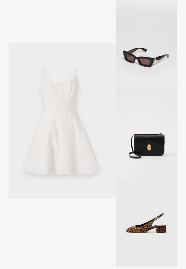 Robe blanche en A à fines bretelles, dotée d'un corsage ajusté et d'une jupe évasée. Fabriquée dans un tissu lisse avec un design épuré et minimal.; Chaussure slingback pour femmes en imprimé léopard avec talon bas et boucle dorée sur la bride latérale, présentée en profil latéral sur fond uni.; Lunettes de soleil en écaille de tortue noire avec des verres rectangulaires, teinte marron, épais cadre et détail de logo double-G doré sur la branche.; Sac à main en cuir noir avec une forme rectangulaire structurée. Équipé d'un fermoir ovale doré et d'une fine bandoulière. Texture lisse.
