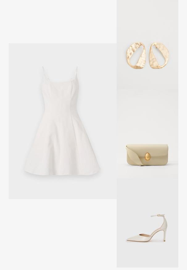 Valge A-line kleit õhukeste rihmadega, millel on sobiv kehaosa ja laienev seelik. Valmistatud siledast kangast, millel on puhas ja minimalistik disain.; Valgete nahast kõrge kontsaga kingad, terava varbaga, ankle strapiga ja kitsaste stiletto kontsadega. Sile tekstuur koos peene läikega.; Beež nahast käekott, millel on sile tekstuur, ristküliku kujuline ja kuldne ovaalne lukustus. Omab pikka, reguleeritavat rihma.; Eba paar eba ebaorditud ovaalkujulisi kuldehhe kaal setertu, kerge keersuju pinnaga valgel taustal.