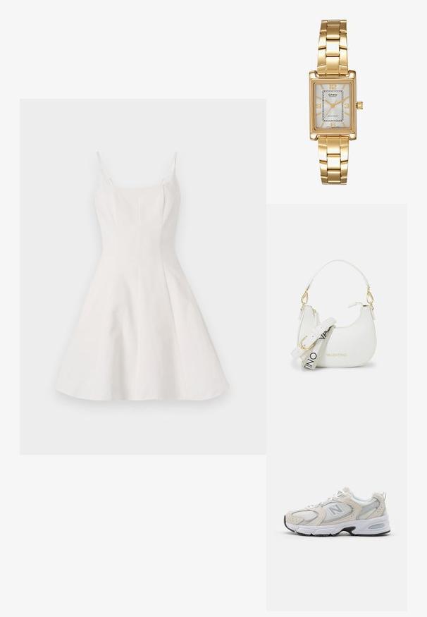 Vestido A-line blanco con tirantes finos, que presenta un torso ajustado y una falda acampanada. Hecho de una tela suave con un diseño limpio y minimalista.; Zapatilla deportiva con parte superior de malla gris claro y acentos de ante, cordones blancos y suela de goma negra. Detalle notable de amortiguación ABZORB.; Bolso blanco con una silueta curva, cuero texturizado, herrajes dorados y una correa desmontable con un detalle de logo y hebilla.; Reloj de pulsera rectangular de tono dorado con esfera blanca, marcadores de horas de tono plateado y una duradera pulsera de metal. Incluye función de resistencia al agua.