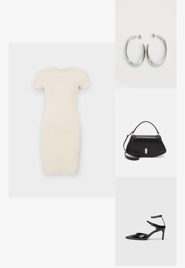 Lichtbeige jurk met korte mouwen en een getailleerde silhoutte. Gemaakt van zacht materiaal, met een klein geborduurd logo op de borst.; Zwarte laarzen van gepatenteerd leer met een spitse neus, verstelbare enkelbandjes en een slanke hak. Gladde textuur met een glanzende afwerking.; Zwarte leren handtas met een gestructureerd ontwerp, featuring een verkorte vorm, bovenhandvat en gouden hardwareaccent. Inclusief verstelbare schouderband.; Zilveren oorringen met een gladde, gebogen vorm. Voorzien van een glanzende metallic afwerking en studsluiting. Geen zichtbare patronen of accenten.