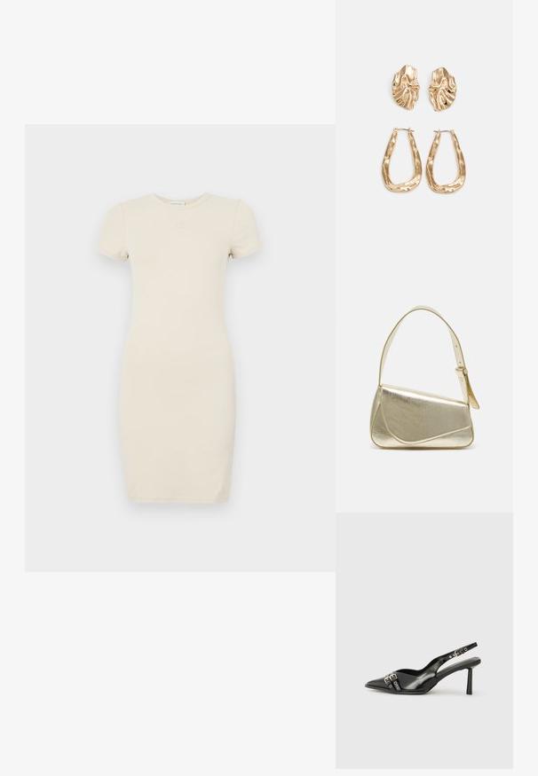 Lys beige kortermet kjole med en tettsittende silhuett. Laget av myk stoff, med et lite brodert logo på brystet.; Sorte patentlær slingback-sko med spiss tå, ankelremmer med sølvspenner og detaljer, og en slank hæl.; Gullfarget metallisk håndveske med en strukturert design, glatt tekstur og justerbar stropp. Har en unik trekantet form og minimalistisk søm.; Gullfargede øredobber med teksturerte, bølgete former. Inkluderer skulpturelle klipsstuds og åpen hoop-design med en hamret finish.