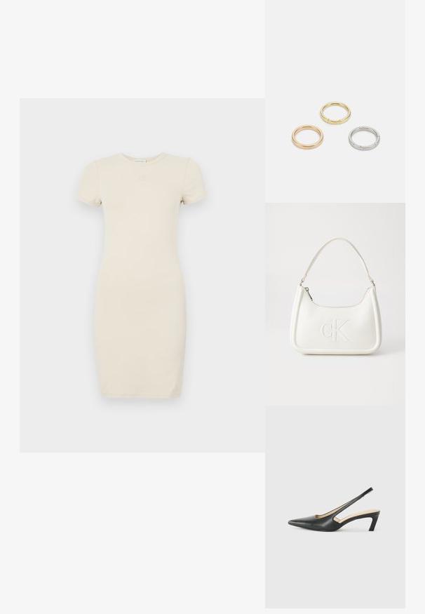 Svetlo béžové šaty s krátkym rukávom a priliehavým strihom. Vyrobené z mäkkej tkaniny, s malým vyšitým logom na hrudi.; Čierne slingback topánky s ostrou špičkou a nízkym opätkom, vyrobené z hladkej kože a s výrezmi na boku pre lepšiu priedušnosť.; Biela kožená kabelka s zakriveným tvarom, na prednej strane s embosovaným logom "CK" a jedným ramenným popruhom. Zipsové zapínanie navrchu.; Triumf kovových prsteňov: jeden v ružovom zlate, jeden zlatý s textúrovanými akcentmi a jeden strieborný, všetky s gravírovaným logom na vnútornej strane.