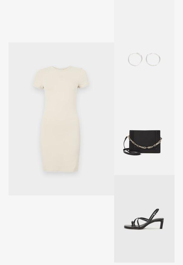 Rochie scurtă, cu mânecă scurtă, de culoare bej deschis, cu o siluetă ajustată. Fabricată dintr-un material moale, cu un mic logo brodat pe piept.; Sandal cu barete negre, cu vârf pătrat și toc mic de bloc. Prezintă mai multe barete subțiri și o bareta ajustabilă la gleznă. Fabricat din piele netedă.; Geantă de umăr din piele neagră, cu o textură netedă, formă rectangulară și un detaliu din lanț metalic în față. Include curea reglabilă.; Cercei din argint cu un design elegant și rotund, având o suprafață netedă și fără embellismente vizibile. Diametrul nu este specificat.