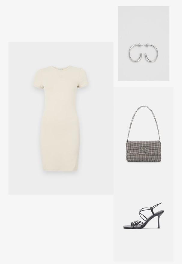Ljus beige klänning med kort ärm och figurnära silhuett. Tillverkad i mjukt tyg, med en liten broderad logotyp på bröstet.; Svarta högklackade sandaler har tunna remmar med en knuten design, en slät fyrkantig tå och en smal stilettklack.; Ljusgrå metallisk handväska med kedjestropp, prydd med små cirkulära metallnitar och en triangulär logotyp.; Silverfärgade hängande örhängen med en slät, blänkande yta. Rundad form, lätt design, med ett stift- och bakstängning.