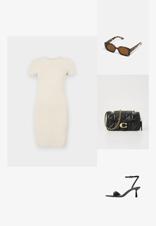 Helles beige kurzärmliges Kleid mit taillierter Silhouette. Hergestellt aus weichem Stoff, mit einem kleinen gestickten Logo auf der Brust.; Bershka High Heel Sandalette - black; Schildpatt-Sonnenbrille mit einem runden, klobigen Rahmen und braunen Gläsern. Verfügt über dezente Muster und gerade, zulaufende Bügel.; Schwarze, gesteppten Lederhandtasche mit einer goldfarbenen Kettenriemen und einem Drehverschluss, der mit einem runden Akzent verziert ist. Kompakte rechteckige Form.