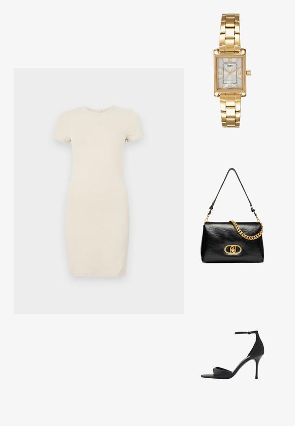 Osvetljeno bež kratkotrajno obleko s prilegajočo silhueto. Narejena iz mehkega materiala, z majhnim izvezenim logotipom na prsih.; Mango Sandali z visoko peto - black; Črna usnjena torbica za ramo z gubano teksturo, zlatim verižnim dodatkom in izrazitim zlatim sponko z ovalnim logotipom. Prilagodljiv trak za ramo.; Zlato obarvana pravokotna ročna ura z belo številčnico, srebrnimi kazalci in trdno kovinsko zapestnico. Vključena je vodoodporna funkcija.