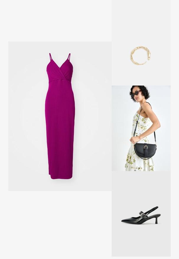 WAL G. JOSEFINA GLITTER KNOT - Maxi šaty - magenta; Čierne patentové kožené sandále na podpätku so špicatou špičkou a malým blokovým podpätkom, s dekoratívnou striebornou sponou na remienku.; Čierna kožená kabelka s zaobleným tvarom, odnímateľným popruhom a zlatými doplnkami. Kabelka má klopu s detailom s prackou.; Prsteň v zlatej farbe s organickým, skrúteným dizajnom, hladkým povrchom a zužujúcimi sa koncami, vytvárajúci moderný, sochársky vzhľad.