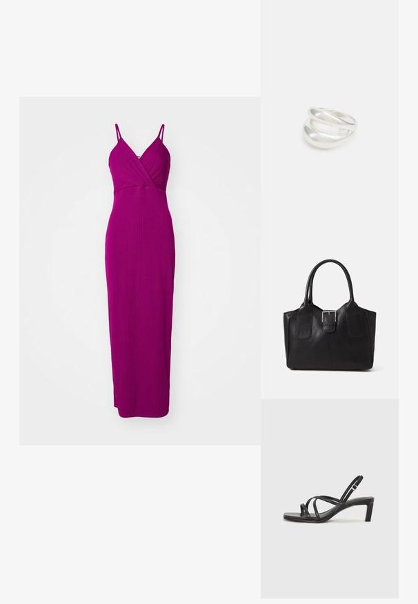 WAL G. JOSEFINA GLITTER KNOT - Maksi garuma kleita - magenta; Melnas strappy sandales ar kvadrātveida purngaliem un zemu bloku papēdi. Ievērojamas ar vairākiem plāniem siksniņām un regulējamu potītes siksniņu. Izgatavotas no gludas ādas.; Melnas ādas somiņa ar gludu tekstūru, strukturētu formu, divām rokturām un izteiktu sudraba sprādzi priekšpusē.; Sudraba divu joslu gredzens ar gludu, pulētu virsmu. Iezīmējas ar plūstošu, izliekta dizaina struktūru ar pārklājošām sekcijām modernam izskatam.