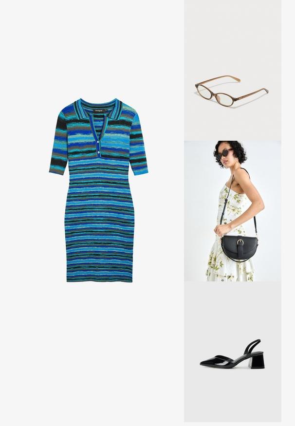 Úpletové šaty v modrej, čiernej a zelenej pruhovanej kombinácii, s golierom polo, predným zapínaním na gombíky a trojštvrťovými rukávmi. Štruktúrovaná tkanina s rebrovaným vzorom.; Čierne lakované kožené sandálové podpätky s špicatou špičkou a geometrickým blokovým podpätkom. Disponujú elegantným, minimalistickým dizajnom a hladkým povrchom.; Hnedé želvovinové okuliare s oválnymi sklíčkami, tenkými ramenami a priesvitnými akcentmi. Obsahujú jemný logo na stranici. Štýlový, ľahký dizajn.; Čierna kožená kabelka s zaobleným tvarom, odnímateľným popruhom a zlatými doplnkami. Kabelka má klopu s detailom s prackou.