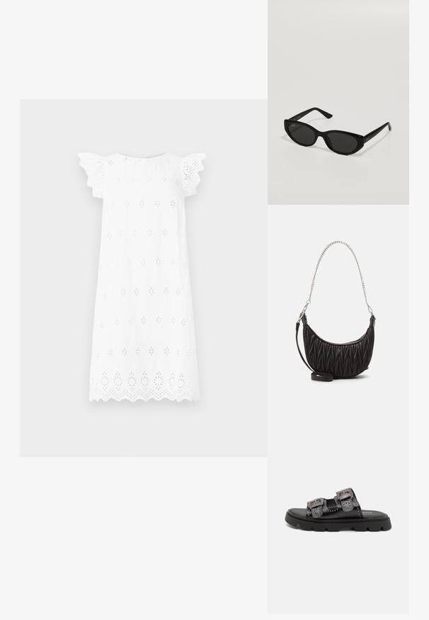 Bela obleka s kratkimi, volanastimi rokavi. Vzorec broderie anglaise po celotni obleki, robovi z valovitim zaključkom. Lahka tkanina, preprost kroj.; Črne sandale z dvema širokima naramnicama, okrašenima s tremi studnami in podrobnimi zaponkami, postavljene na trden teksturiran gumijast podplat.; Črne sončne očala z ozko obliko mačjih oči. Narejena iz gladkega plastike, z temnimi lečami in diskretnimi logotipnimi akcenti na ušesih.; Črna torbica iz umetnega usnja z prešito teksturo, ukrivljeno obliko, srebrno verižico in malim logotipom spredaj.