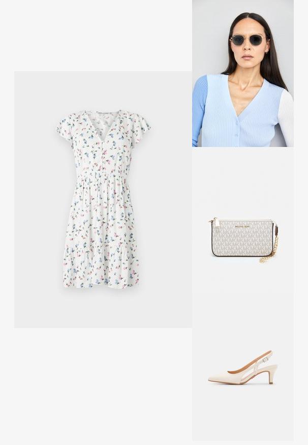Abito floreale caratterizzato da un tessuto bianco con fantasie floreali colorate, maniche corte a sbuffo, scollatura a V e vita arricciata.; Slingback bianco con punta affusolata, materiale superiore liscio, tacco basso a blocco e design con ritagli laterali, dotato di cinturino regolabile con fibbia.; Occhiali da sole rotondi con lenti scure e montatura dorata. Il modello indossa un cardigan leggero azzurro a costine con bottoni e maniche bianche a contrasto.; Wristlet Michael Kors in tela rivestita beige con motivo a logo MK ripetuto, hardware dorato e tracolla a catena staccabile.