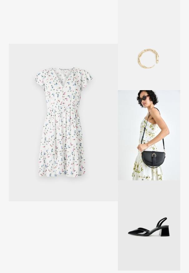 Cvetna obleka iz belega blaga z barvitimi cvetnimi vzorci, kratkimi letečimi rokavi, V-izrezom in nabrano pasom.; Črne lakirane slingback pete s koničastim nosom in geometrijsko blokasto peto. Imajo eleganten, minimalističen dizajn in gladko teksturo.; Črna usnjena torbica s ukrivljeno obliko, z odstranljivo naramnico in zlatimi dodatki. Torbica ima pokrov s podrobnostmi v obliki zaponke.; Zlati prstan s organskim, zvitim dizajnom, gladko površino in taperiranimi konci, ki ustvarja modernega, skulpturalnega videza.
