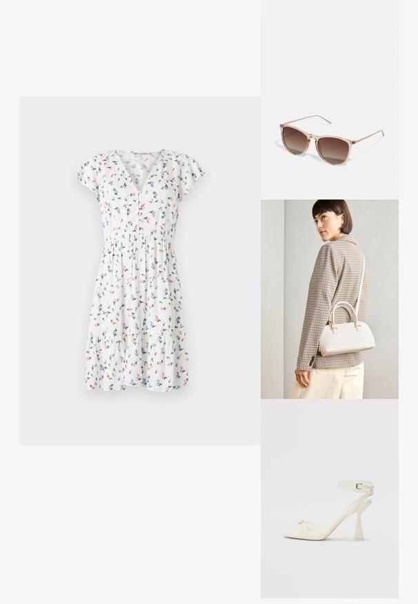 Gėlėtas suknelė, pasiūta iš baltos medžiagos su spalvingomis gėlių raštais, trumpomis sklindančiomis rankovėmis, V formos iškirpte ir susikaupusiu liemeniu.; Baltos odinės aukštakulnės sandalai su dirželiais, elegantiško dizaino, skaidriu blokiniu kulnu ir dekoratyviu elementu ant piršto.; Rudi gradientiniai saulės akiniai su permatomu rožiniu rėmeliu, kvadratinės formos ir plonomis metalinėmis šakėmis. Yra su apvalintais kraštais ir minimaliais dekoratyviniais elementais.; Balta struktūruota rankinė su trumpomis rankenomis ir peties diržu, su auksinėmis detalėmis ir tekstūruota medžiaga, pastatyta prieš pilką foną.
