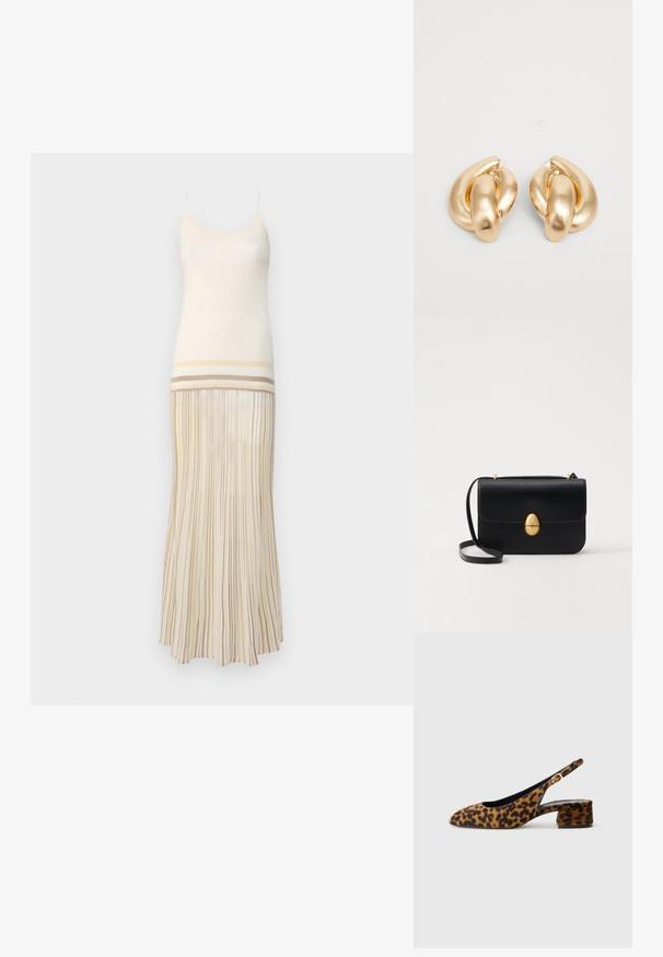 Robe longue couleur crème avec des bretelles spaghetti ; présente une jupe plissée avec des rayures horizontales en beige et marron clair près de l'ourlet.; Chaussure slingback pour femmes en imprimé léopard avec talon bas et boucle dorée sur la bride latérale, présentée en profil latéral sur fond uni.; Sac à main en cuir noir avec une forme rectangulaire structurée. Équipé d'un fermoir ovale doré et d'une fine bandoulière. Texture lisse.; Boucles d'oreilles en métal doré présentant un design torsadé avec une surface lisse et brillante et des formes arrondies. Chacune mesure environ 5 centimètres.