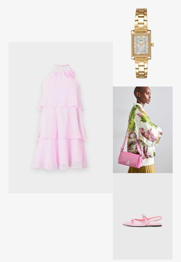 Ružová, poschodová šaty s halter krkom a kvetinovým akcentom. Vyrobené z ľahkého materiálu, s prúdiacim dizajnom a vrstvenými volánmi.; Ružové, ploché slingback topánky s špicatou špičkou a dvoma dekoračnými mašľami. Hladký syntetický materiál, minimalistický dizajn a tenký členkový remienok.; Prešívaná kvetinová bomber bunda v zelenej, ružovej a béžovej farbe; skombinovaná s lesklou ružovou kabelkou s řetízkem a logom.; Zlatý obdĺžnikový náramkový hodinky s bielym ciferníkom, striebornými indexmi a odolným kovovým náramkom. Obsahuje vodoodolnú funkciu.