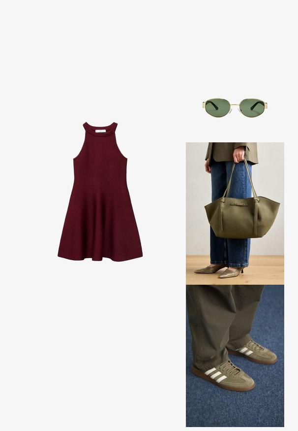 Burgundijska haljina bez rukava s pripijenom korzetom, lepršavom suknjom i visokim izrezom, izrađena od mekanog pletenog materijala. Nema vidljivih uzoraka ili akcenta.; Zelene nubuk tenisice s tri bijele pruge, smešnim gumiranim đonom i teksturiranim vezicama, u kombinaciji s maslinasto zelenim hlačama na plavom tepihu.; Smešak sunčanih naočala s okvirom zlatne boje i zelenim nijansama, ovalnog oblika, crnim drškama i prozirnim jastučićima za nos. Čist, minimalistički dizajn.; Maslinasto zelena torba s dvostrukim ručkama, glatkom teksturom i metalnim logom. Okrugli oblik s bočnim panelima; uparena s plavim hlačama.