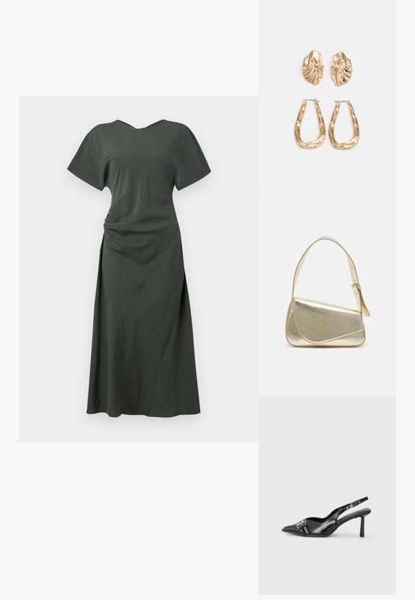 Olīvu zaļš, līdz ceļiem garš kleita ar īsām piedurknēm, V veida kakla izgriezumu un drapētu sānu detaļu. Gluda auduma ar nelielu spīdumu.; Melnā patentēta ādas sandale ar norādītu purngalu, potītes siksniņām ar sudraba sprādzēm un aparatūru, kā arī smalku papēdi.; Zelta metāla somiņa ar strukturētu dizainu, gludu tekstūru un regulējamu siksniņu. Iezīmējas ar unikālu trīsstūrveida formu un minimālistisku šuvumu.; Zelta krāsas auskari ar teksturētām, viļņotām formām. Iekļauts skulpturāls piespraužams modelis un atvērta gredzenveida konstrukcija ar izsistām virsmām.