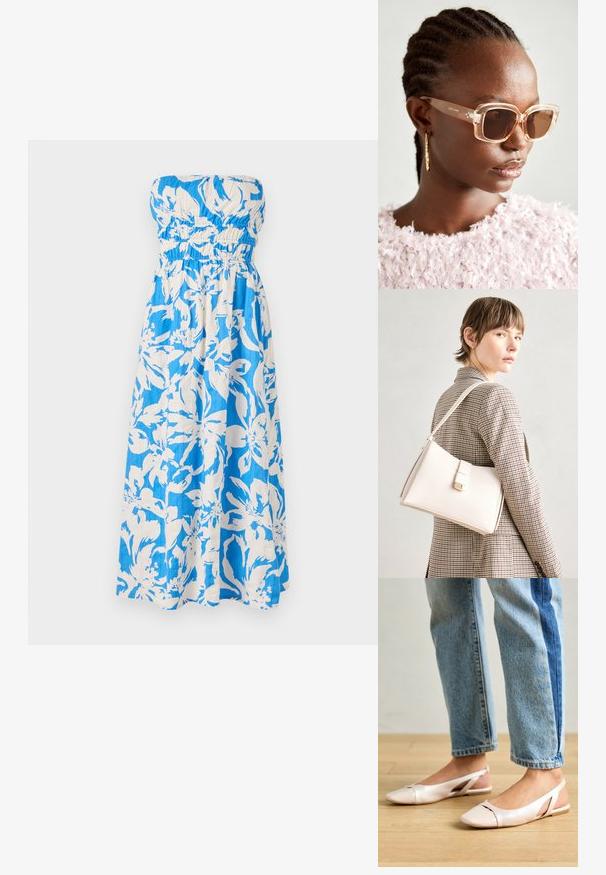 Uten skuldre maxi kjole i blå og hvit blomstermønster, med smocket bodice og lett, teksturert stoff.; Lys rosa slingback leiligheter med spiss tå, laget av et glatt, læraktig materiale. Har utskjæringer på sidene og lav hæl.; Beige oversized solbriller med klar ramme og brune tonede linser, med subtile blomsterdetaljer og dristig, geometrisk design.; Hvit lær veske med en strukturert design, med magnetlås og skulderstropp, vist mot en nøytral bakgrunn.