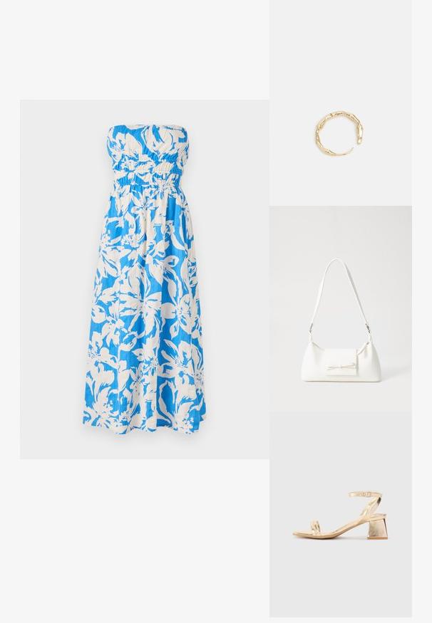 Vestido maxi sin tirantes en un patrón floral azul y blanco, con un cuerpo fruncido y una tela ligera y texturizada.; Sandalia de tacón metálica dorada con un tacón de bloque angular, dos correas sobre el pie y una correa ajustable en el tobillo. Textura suave.; Bolso sintético blanco con forma triangular, tapa frontal plana y detalle de lazo, correa ajustable, textura suave y diseño minimalista.; Anillo en tono dorado con un diseño orgánico y retorcido, con una textura suave y extremos cónicos, creando una apariencia moderna y escultórica.