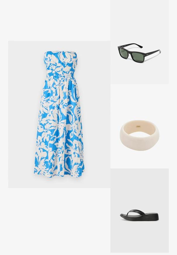 Haljina do poda bez naramenica u plavoj i bijeloj cvjetnoj šabloni, koja sadrži smreženi korzet i laganu, teksturiranu tkaninu.; Crne japanke s gumenim trakama i teksturiranim umetkom za noge. Značajka je blaga platforma i oblikovani dizajn za udobnost. Ime branda ugravirano.; Crna pravokutna sunčana naočala s tamnozelenim lećama, izrađena od plastike, s metalnim detaljima u blizini leća i logom branda na sljepoočnici.; Sjajni bež narukvica napravljena od glatke smole. Okrugli oblik s ujednačenom površinom i malim zlatnim logotipom unutar.