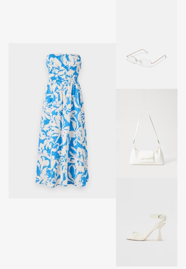 B strapless maxi-jurk in een blauw-witte bloemenpatroon, met een geraffineerde bovenkant en lichte, gestructureerde stof.; Strappy hoge hak sandaal in wit leer met een slank ontwerp, een transparante blokhak en een decoratief element bij de teen.; Gouden metalen bril met ovale lenzen, slanke armen en transparante neus pads. Heeft subtiele scharnieraccenten en transparante lenzen.; Witte synthetische handtas met een driehoekige vorm, platte voorklep en strikdetail, verstelbare schouderriem, gladde textuur en minimalistisch ontwerp.