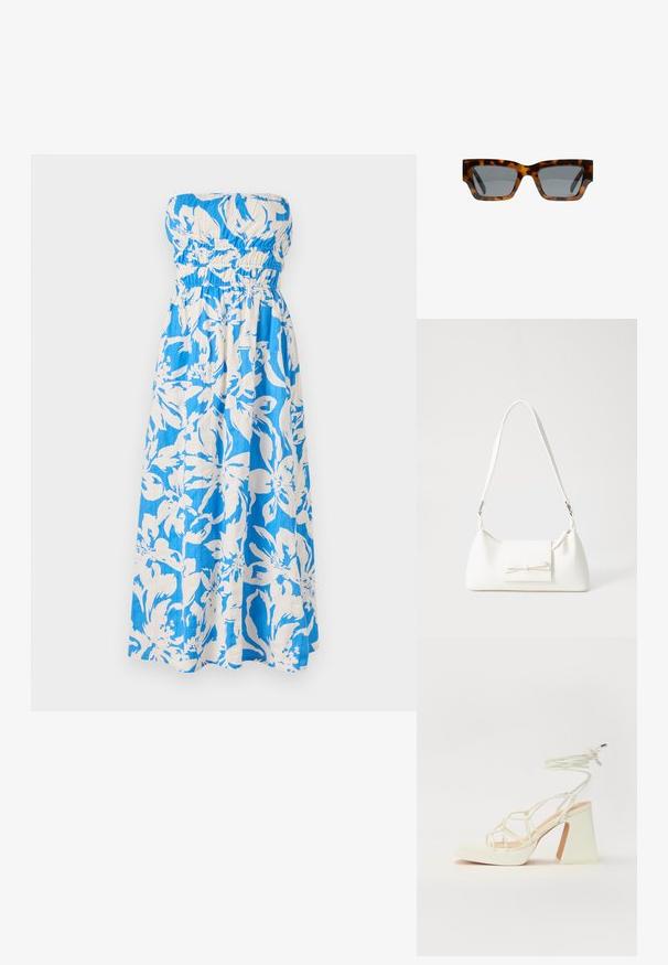Strapless Maxi-Kleid in blau-weißer Blumenmusterung, mit einem gerüschten Oberteil und leichtem, strukturiertem Stoff.; Weiße High-Heel-Sandale mit einem klobigen Absatz, die über ein Riemchendesign und ein Knöchelband verfügt. Glatte Textur mit einer Plattform vorne für zusätzliche Höhe.; Schildpatt-Sonnenbrille mit eckigen Rahmen, grauen Gläsern und einer glatten Oberfläche. Verfügt über ein mutiges geometrisches Design und dicke Bügel.; Weiße synthetische Handtasche in dreieckiger Form, flache Vorderklappe und Schleifendetail, verstellbarer Trageriemen, glatte Textur und minimalistisches Design.